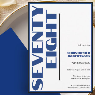 Invitation Moderne Minimaliste 78e Anniversaire Bleu et Noir