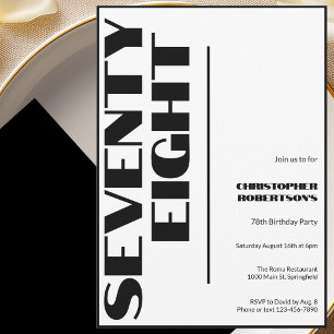 Invitation Moderne Minimaliste 78e Anniversaire Noir et Blanc