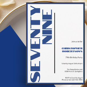 Invitation Moderne Minimaliste 79e Anniversaire Bleu et Noir