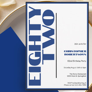 Invitation Moderne Minimaliste 82e Anniversaire Bleu et Noir