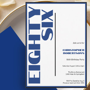 Invitation Moderne Minimaliste 86e Anniversaire Bleu et Noir