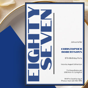 Invitation Moderne Minimaliste 87e Anniversaire Bleu et Noir