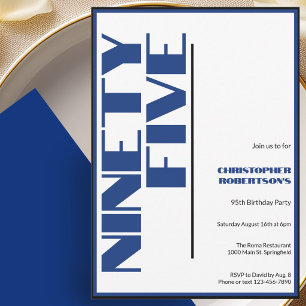 Invitation Moderne Minimaliste 95e Anniversaire Bleu et Noir