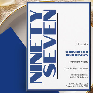 Invitation Moderne Minimaliste 97e Anniversaire Bleu et Noir