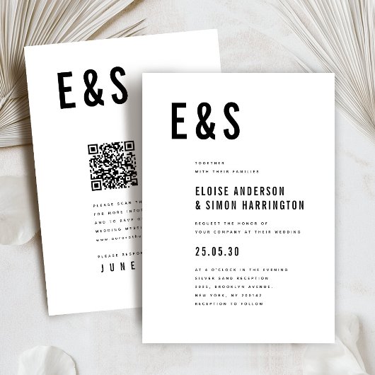 Invitation Moderne minimaliste Gras Monogramme QR Code Mariag