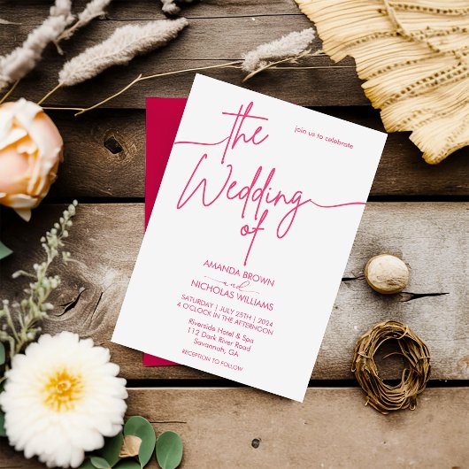 Invitation Moderne minimaliste Magenta Rouge et Mariage blanc