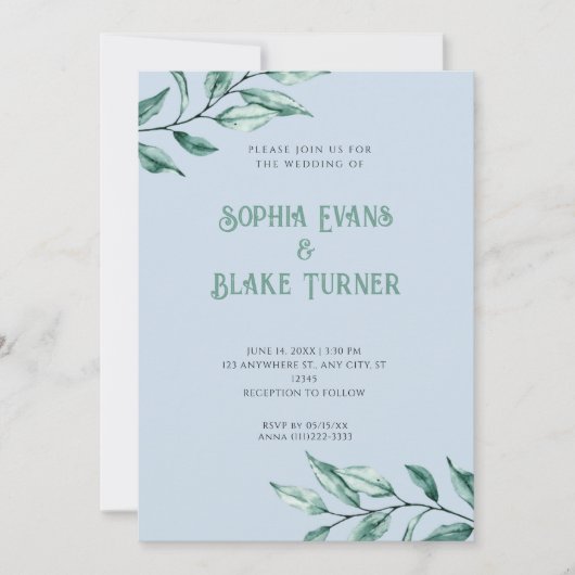 Invitation Moderne minimaliste Mariage bleu verdure (Devant)