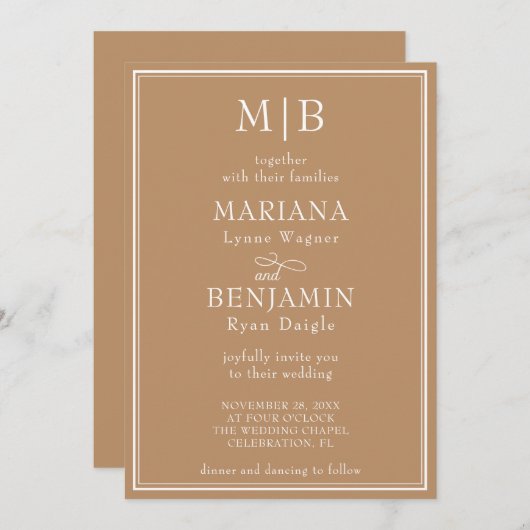 Invitation Moderne minimaliste Mariage Tan Beige (Devant / Derrière)