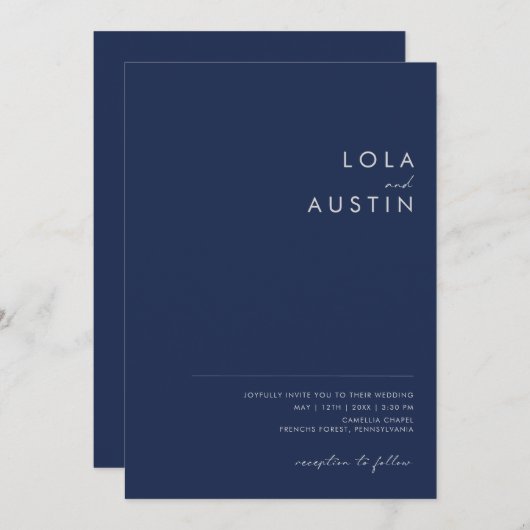 Invitation Moderne minimaliste Marine Bleu Argent Mariage Déc (Devant / Derrière)