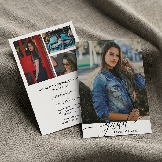 Invitation Moderne minimaliste noir & blanc 4-Photo Graduatio