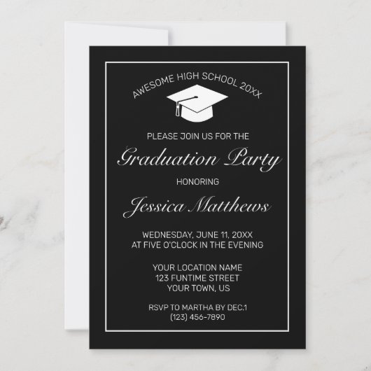 Invitation Moderne minimaliste noir blanc Graduation (Devant)