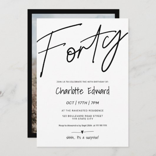 Invitation Moderne minimaliste noir blanc photo surprise quar (Devant / Derrière)