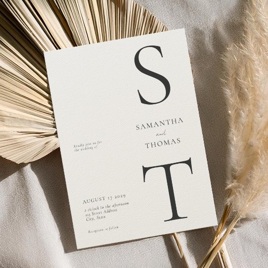 Invitation Moderne minimaliste noir & Ecru Mariage Monogramme