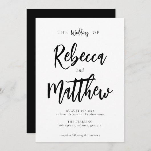 Invitation Moderne minimaliste noir Mariage de script blanc (Devant / Derrière)