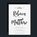 Invitation Moderne minimaliste noir Mariage de script blanc<br><div class="desc">Une invitation de mariage moderne et élégante avec une police de caractères qui donne une impression manuscrite pour les noms de l'épouse et une police serif élégante pour vos informations de mariage. Tous les textes et couleurs (arrière - plan et texte) peuvent être modifiés si vous le souhaitez - utilisez...</div>