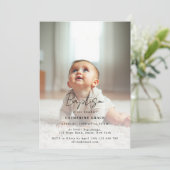 Invitation Moderne minimaliste noir Script bébé photo Baptême (Debout devant)