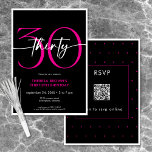 Invitation Moderne minimaliste rose trente Script Anniversair<br><div class="desc">Moderne et chic, cette invitation à l'anniversaire allie le noir et le blanc classique à des accents de rose vif. Le design minimal est un design simple et amusant pour célébrer l'anniversaire de l'événement. L'arrière contient une zone pour un code QR pour la réponse RSVP. Créé par Simply Farmhouse Press....</div>
