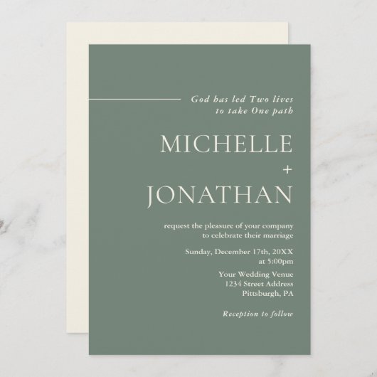 Invitation Moderne minimaliste Sage Vert Mariage chrétien (Devant / Derrière)