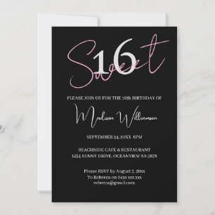 Invitation Moderne Minimaliste Sweet 16 Anniversaire Noir Ros