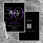Invitation Moderne minimaliste violet trente Script Anniversa<br><div class="desc">Moderne et chic, cette invitation à l'anniversaire associe le noir et le blanc classique à des accents de violet vif. Le design minimal est un design simple et amusant pour célébrer l'anniversaire de l'événement. L'arrière contient une zone pour un code QR pour la réponse RSVP. Créé par Simply Farmhouse Press....</div>