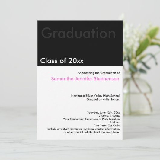 Invitation Moderne Minimilast noir blanc rose (Debout devant)