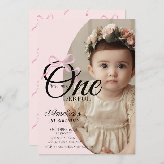Invitation Moderne Miss Onederful Rose Bow 1er Anniversaire P (Devant / Derrière)