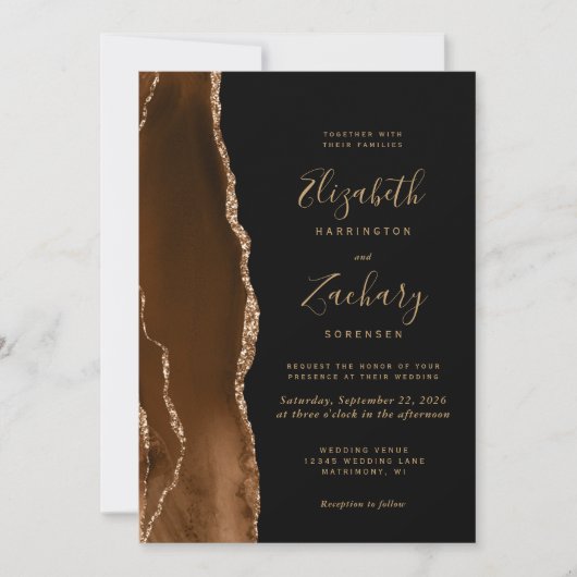 Invitation Moderne Mocha Brown Or Agate Mariage foncé (Devant)