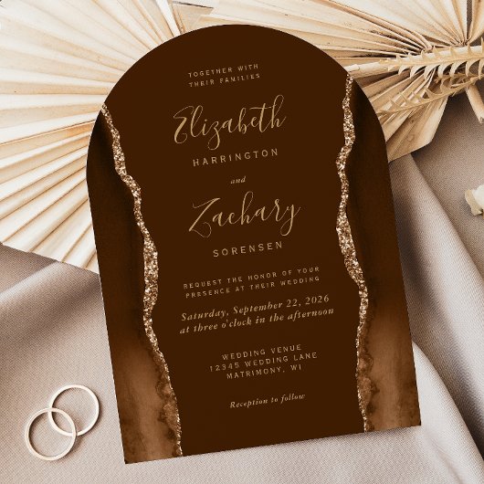 Invitation Moderne Mocha Gold Agate Brown Arc Forme Mariage