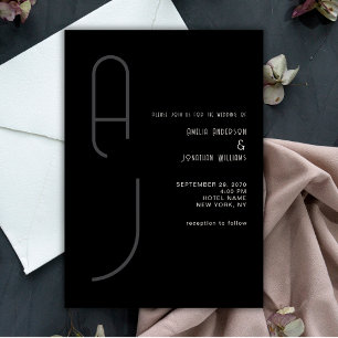 Invitation Moderne Monogramme Mat Mat Minimal Mariage Noir Bl