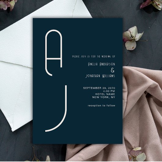 Invitation Moderne Monogramme Mat Matrimonial Bleu Nuit