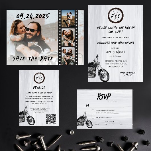 Invitation Moderne Monogramme Motorcycle Mariage d'aventure