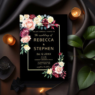 Invitation Moderne Moody Bourgogne Rose Floral Black Mariage