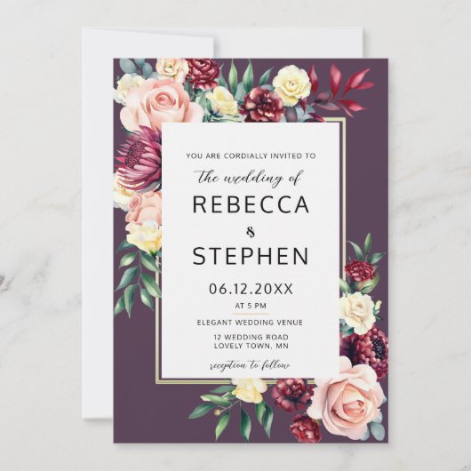 Invitation Moderne Moody Bourgogne Rose Floral Violet Mariage (Devant)
