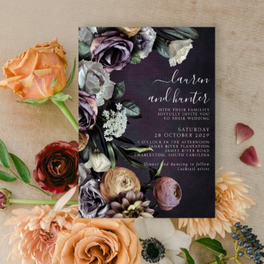 Invitation Moderne Moody foncé violet Script Floral Mariage I