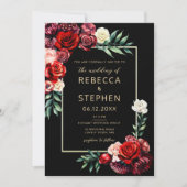 Invitation Moderne Moody Roses Rouge foncé Mariage noir (Devant)