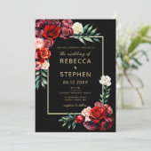Invitation Moderne Moody Roses Rouge foncé Mariage noir (Debout devant)