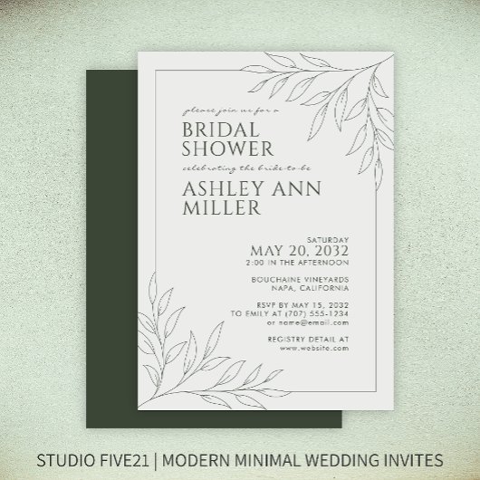 Invitation Moderne Moss Green Foliing Outline Fête des mariée