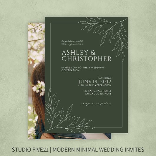 Invitation Moderne Moss Green Foliing Plan Mariage photo