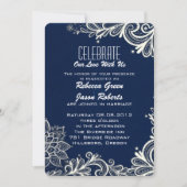 Invitation moderne motif de dentelle blanche mariage bleu mar (Devant)