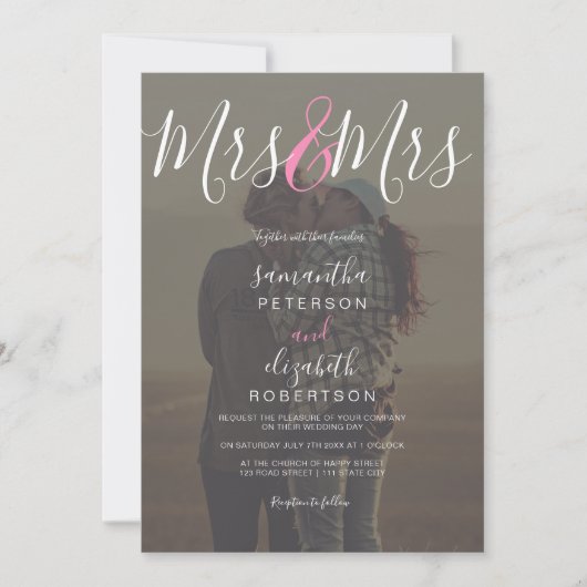 Invitation Moderne mrs script rose photo lesbienne mariage (Devant)