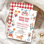 Invitation Moderne n n'importe quel genre Red Circus 1er anni<br><div class="desc">Moderne N'importe quel genre Red Circus 1st Birthday Invitation Curieux cirque invitation d'anniversaire à thème pour un garçon ou une fille avec une tente de cirque, éléphant, chat, phoque, tigre, souris, éléphant et lapin. Cette invitation d'anniversaire de cirque peut être utilisée pour n'importe quel âge car tout le texte est...</div>