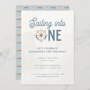 Invitation Moderne Nautique Bleu Pastel Enfants 1er anniversa