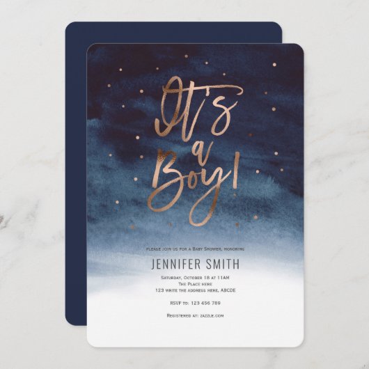 Invitation Moderne, Navy Blue, Baby Boy Show (Devant / Derrière)