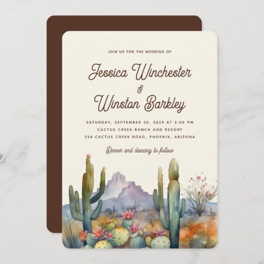 Invitation Moderne Neutral Desert Cactus Mariage paysage (Devant / Derrière)