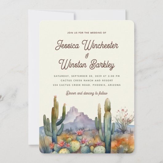 Invitation Moderne Neutral Desert Cactus Mariage paysage (Devant)