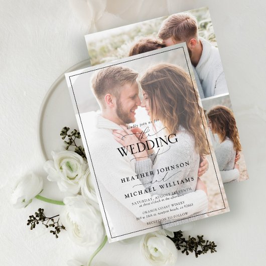 Invitation Moderne Noir Blanc Calligraphie Faux Vellum 4 Phot