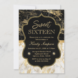 Invitation Moderne Noir, Blanc et Marbre Doré Sweet 16