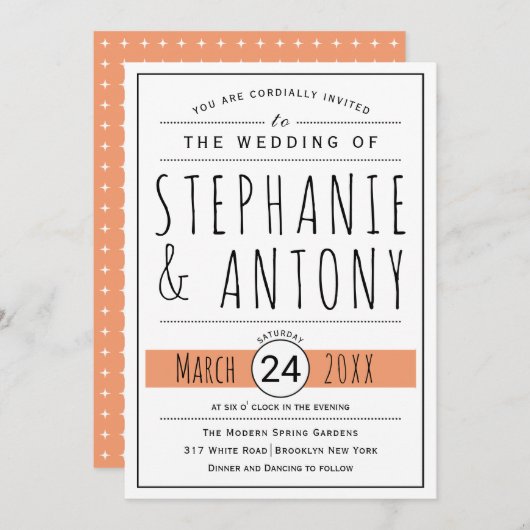 Invitation Moderne noir, blanc typographie corail pêche maria (Devant / Derrière)