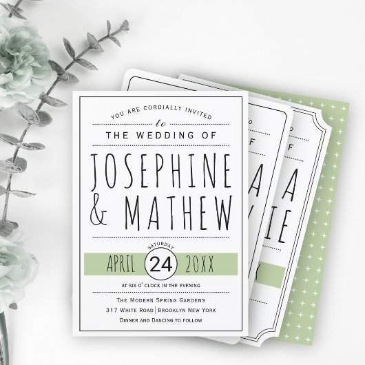 Invitation Moderne noir, blanc typographie sauge vert mariage