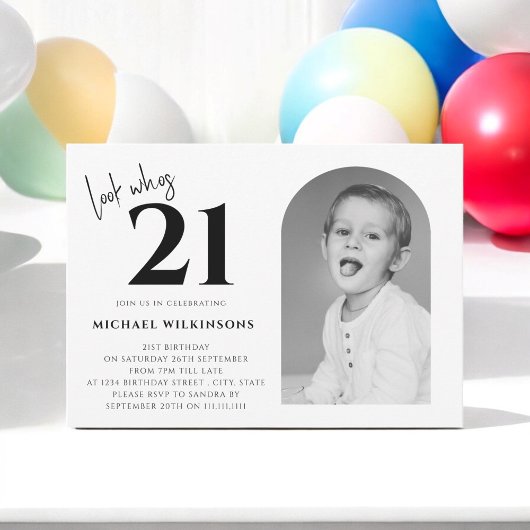 Invitation moderne noir et blanc pour hommes 21e anniversaire